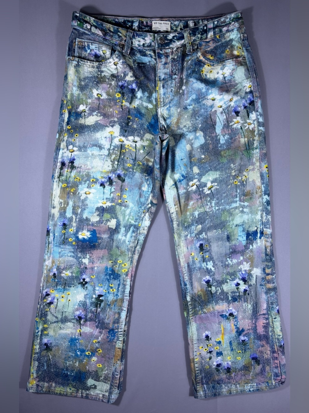 Free People Good Luck Printed Barrel Jeans 33 Washed Floral